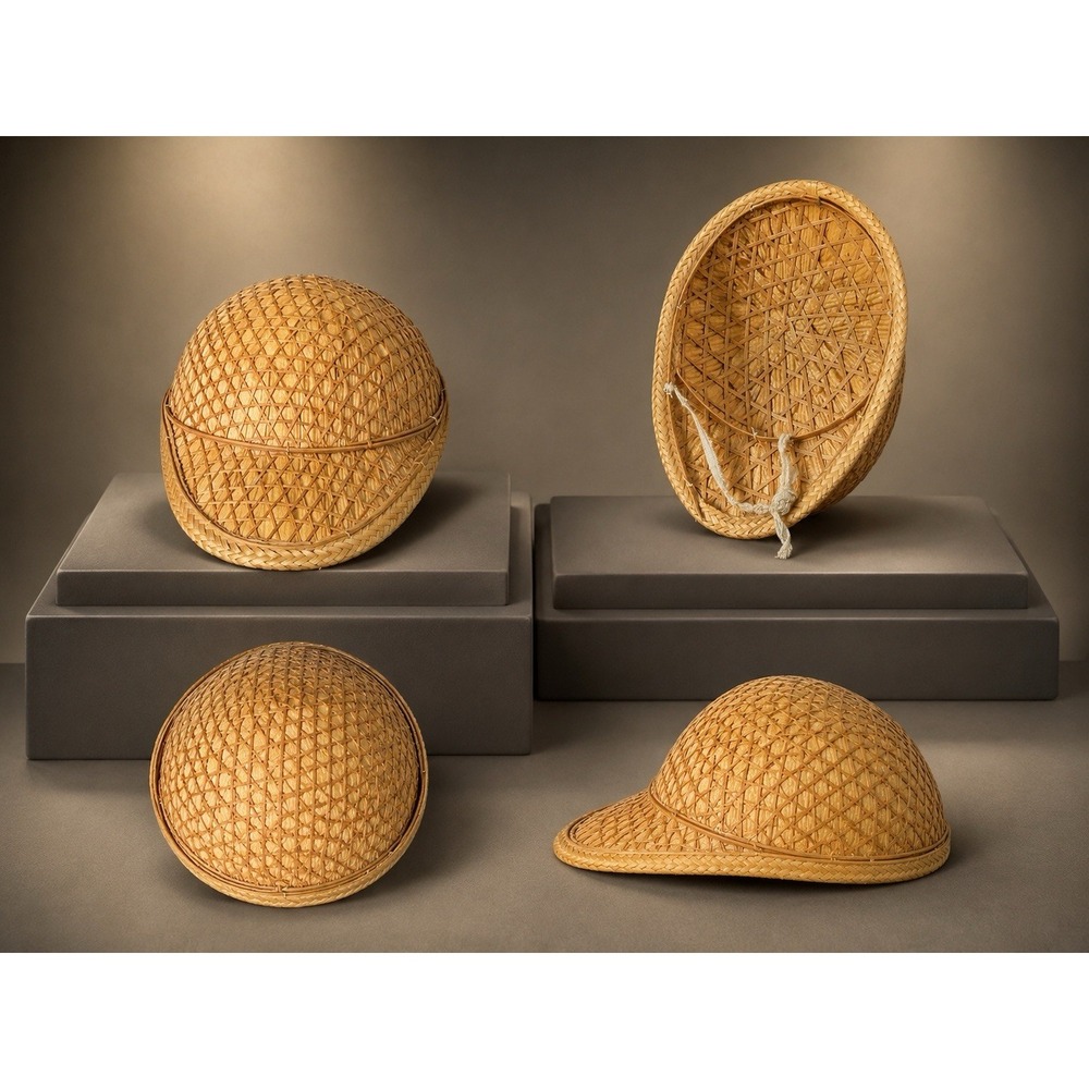 Vintage Woven Straw Safari Pith Helmet Rattan Bamboo Explorer Sun Hat